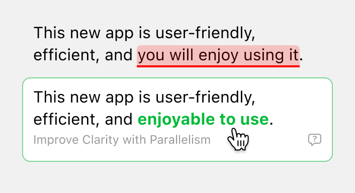 Image of incorrect text, and a suggestion for text with correct grammar by Parallel Reader.
