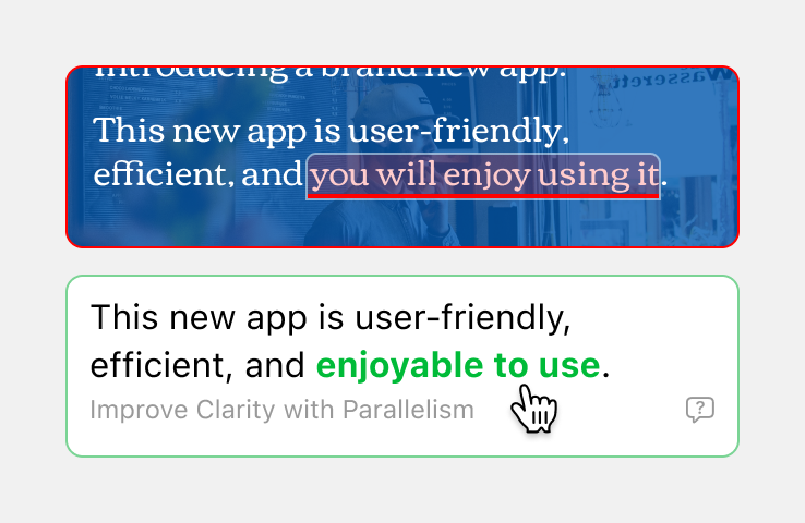 Image of incorrect text, and a suggestion for text with correct grammar by Parallel Reader.