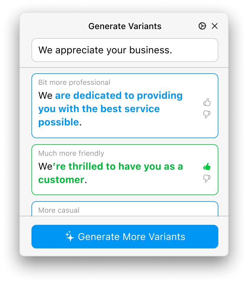 Various Text Generation Variants by Parallel Reader, varying by things like the amount of formality, casualness, or professionality.